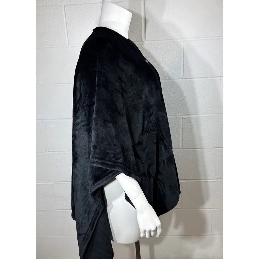Warm & Cozy Oversized Fleece Wearable Blanket Poncho Black